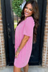 Corded Knit Crew Neck Puff Sleeve Shift Mini Dress